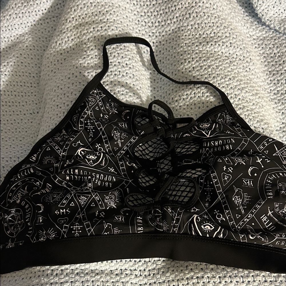 Chic Black Graphic Lace-Up Bikini Top